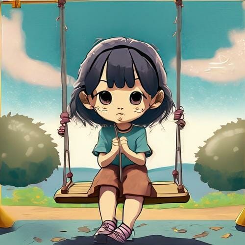 A girl sitting on a swing in a park.
