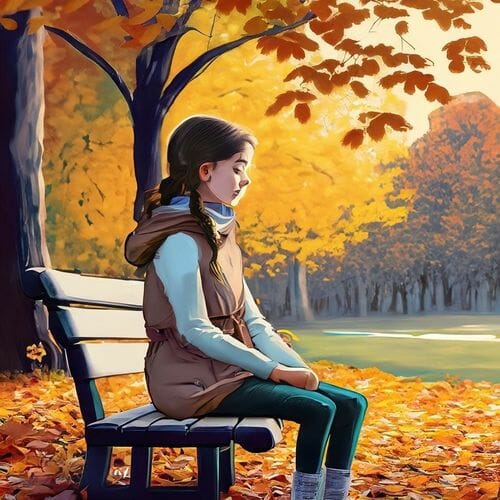 A cute painting of a girl sitting on a bench in autumn.