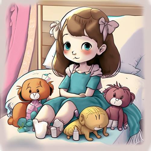 A cute girl sitting on a bed surrounded by stuffed animals.