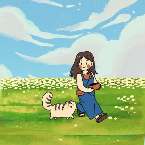 A cute girl walking with a cat in a field.