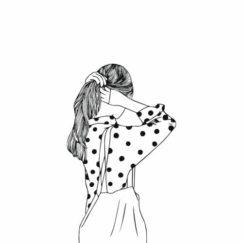 A cute black and white cartoon of a sad girl in a polka dot dress.