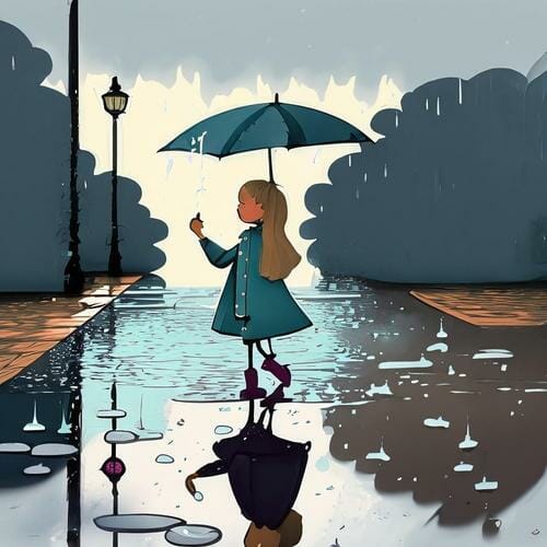 A cute cartoon girl holding an umbrella in the rain, portraying a sad mood.