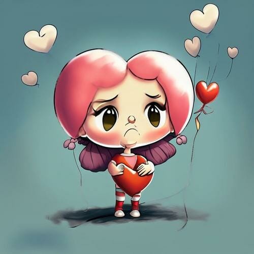 A cartoon girl with pink hair holding a bunch of hearts.