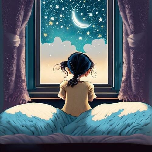 A cute girl gazing at the moon and stars through a window.
