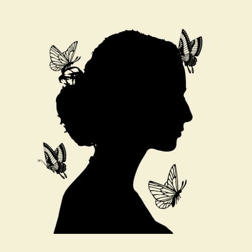 A cute silhouette of a sad girl with butterflies in her hair.