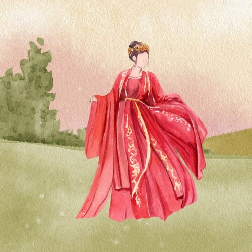 A cute watercolor painting of a woman in a red dress.