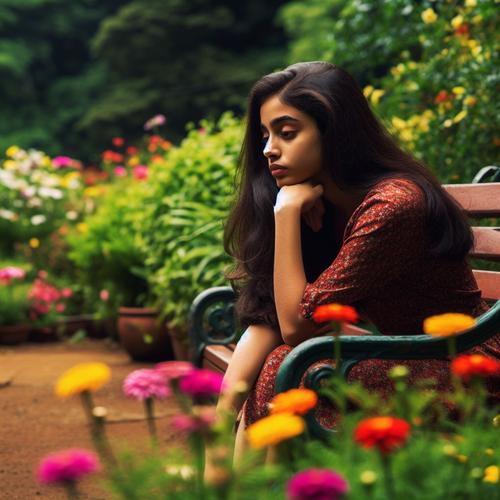 A young girl sitting alone on a bench in a garden.