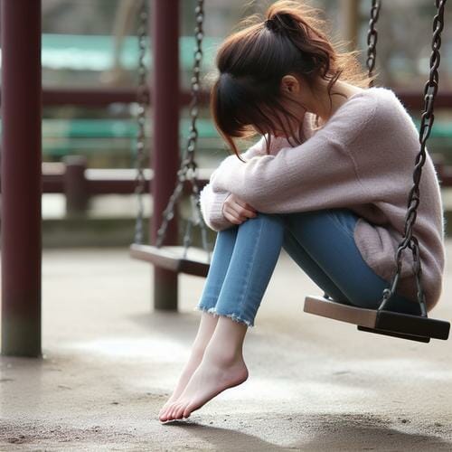 A sad girl sitting alone on a swing in a park.