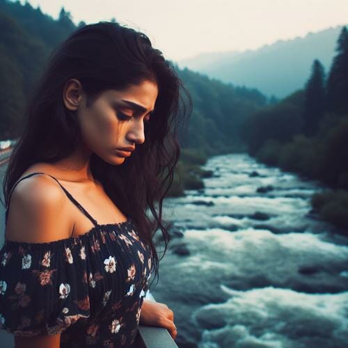 A sad young woman looking at a river.