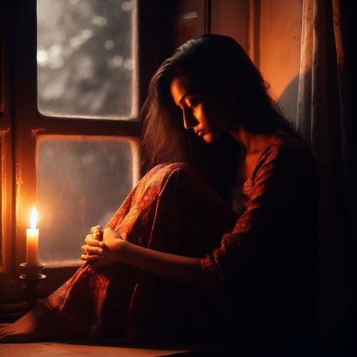 A woman sits in front of a window with a candle.