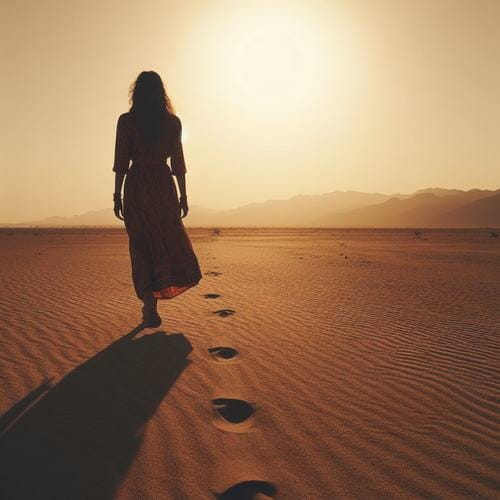 A sad woman walking alone in the desert at sunset.