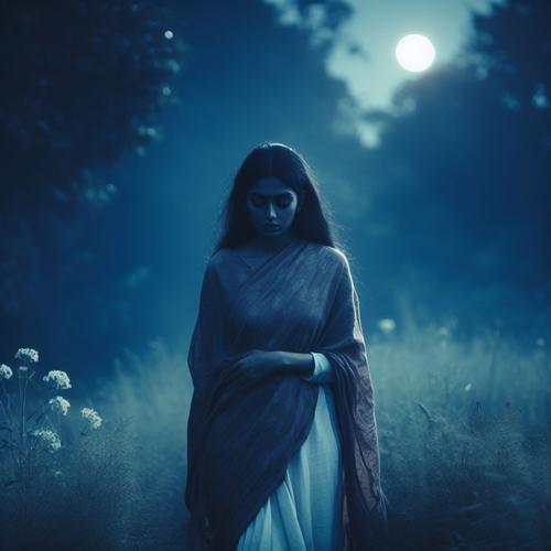 A sad woman wearing a sari walking alone through a field at night.