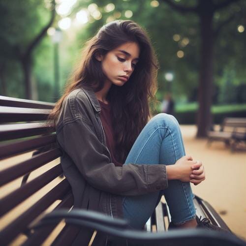 A sad girl sitting alone on a bench in a park.