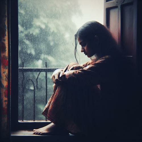 A sad girl sitting alone on a window sill in the rain.