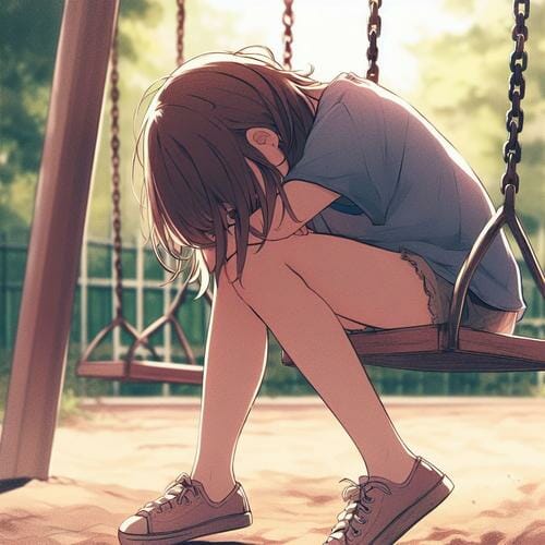 A sad anime girl sitting alone on a swing.