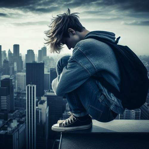 A young man sitting alone on a ledge overlooking a city.