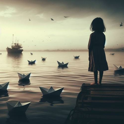 A sad girl stands alone on a dock, watching paper boats in the water.