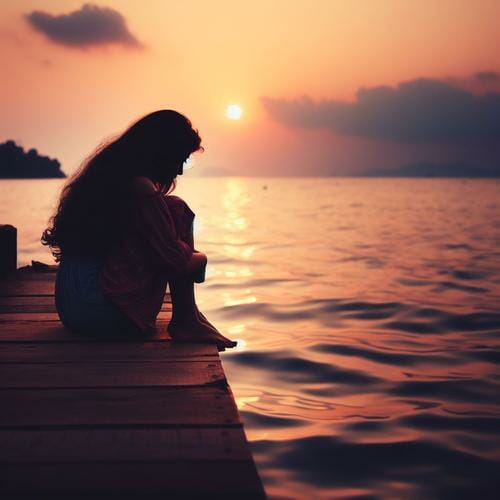 A sad girl sitting alone on a dock at sunset.