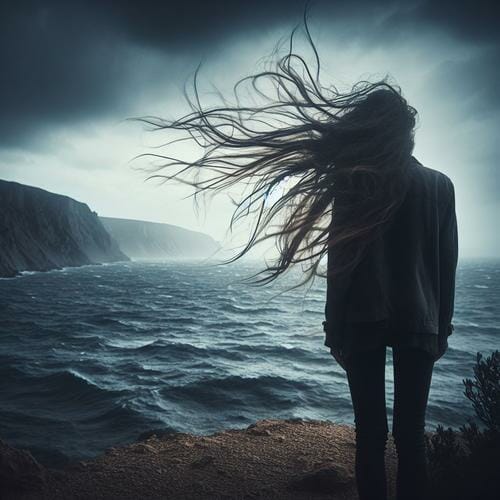 A sad woman standing alone on a cliff with her hair blowing in the wind.