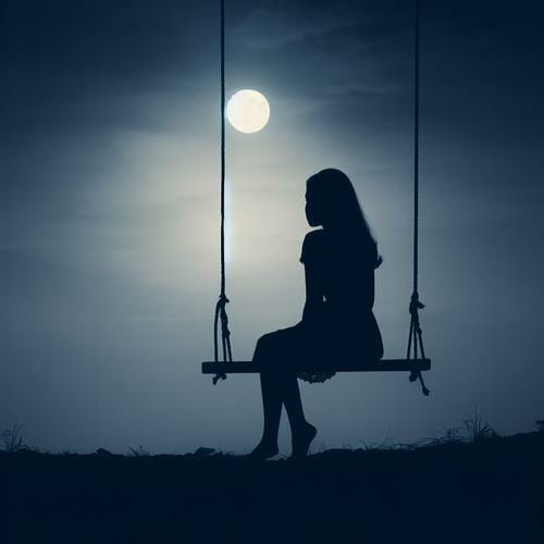 Silhouette of a girl sitting on a swing at night.