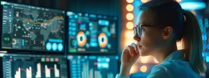 An employee is looking at the data analytics provided by the top knowledge management software to examine current workflows.