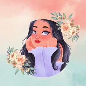 An illustration of a sad girl with flowers in her hair.