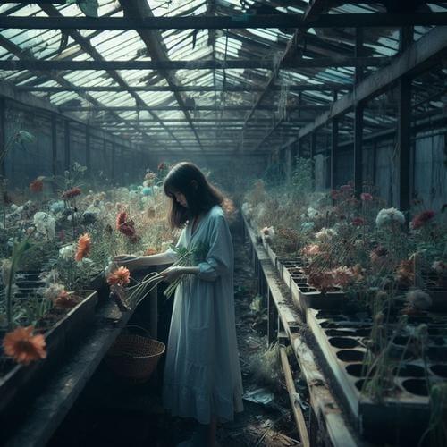 A very sad girl in a white dress is standing in a greenhouse.