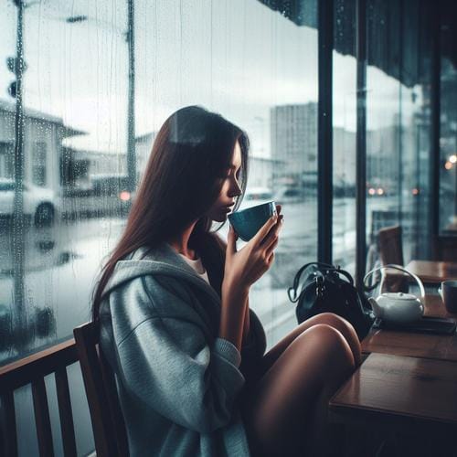 A very sad woman sitting at a table with a cup of coffee.