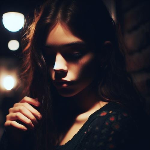A very sad girl with long hair standing in the dark.