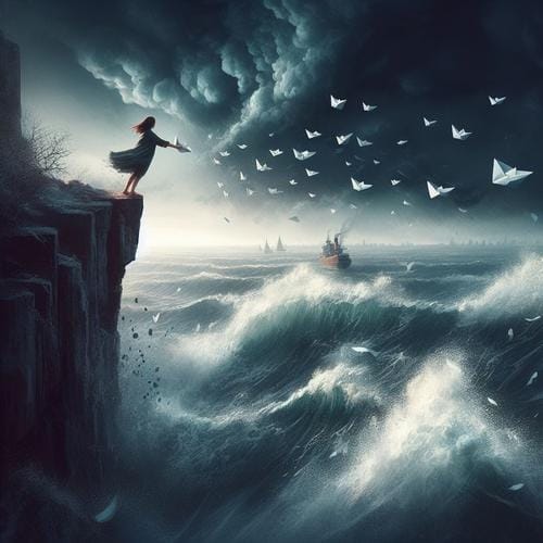 A very sad girl standing on the edge of a cliff with paper airplanes flying in the sky.