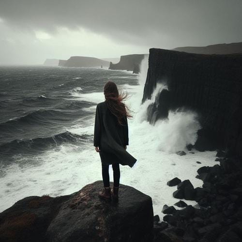 A very sad girl standing on a cliff overlooking the ocean.