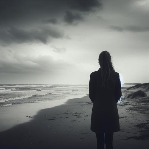 A very sad woman is standing on the beach looking at the ocean.