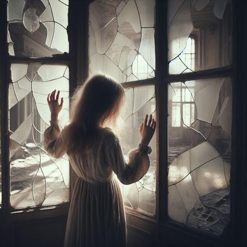 A dp girl in a white dress is looking out of a broken window, appearing very sad.