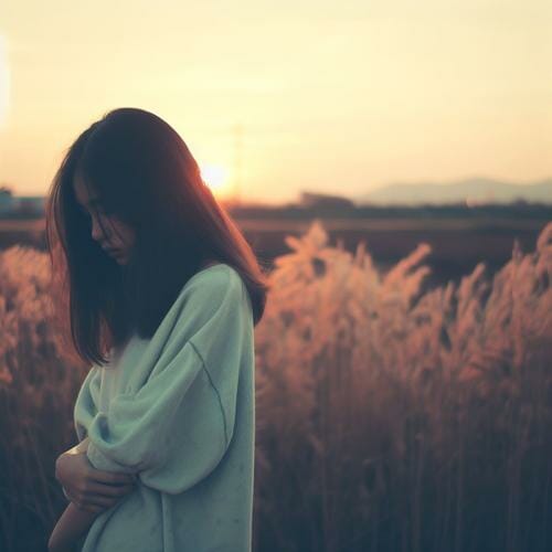 A sad girl standing in a field at sunset, used as a Whatsapp DP.