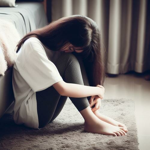 A sad girl sitting on the floor with her hands on her knees.