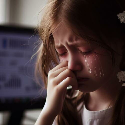 A girl is crying while looking at a sad Whatsapp DP (display picture) on her computer screen.