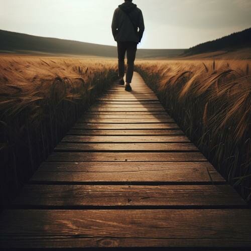 A man walking down a wooden path in a wheat field.